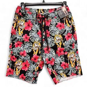 No Boundaries Shorts Men's‎ Small 28-30 Floral Tiger Hawaiian Tropical Print NEW